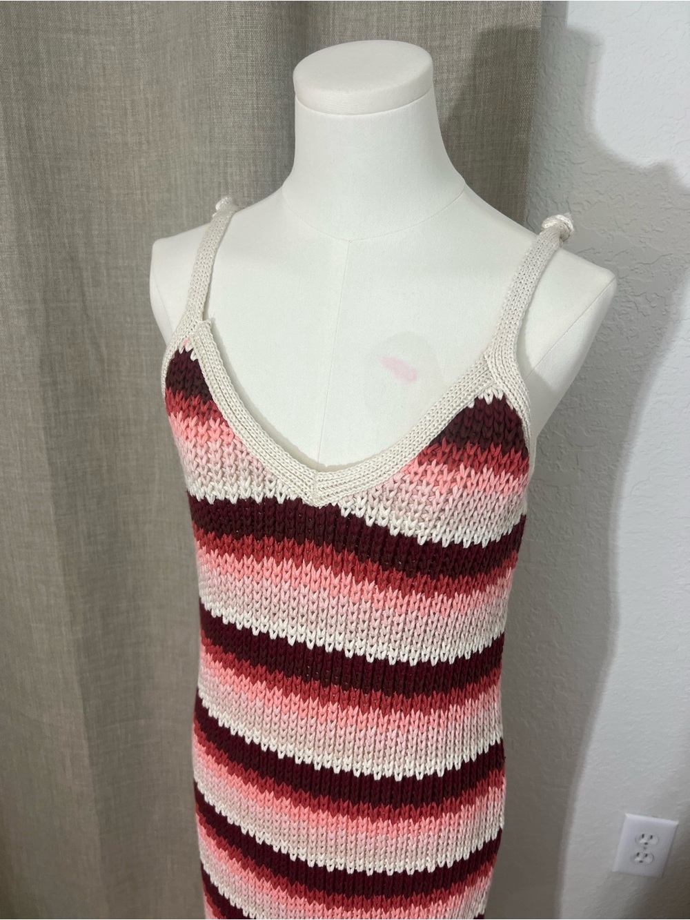 Zara Knit Crochet Maxi Dress Women Medium Pink Burgundy Striped Boho Beach - Picture 2 of 7